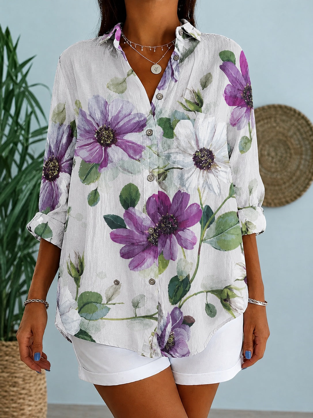 Perpetua β Purple Floral Purple Floral Longline Button-Down Shirt