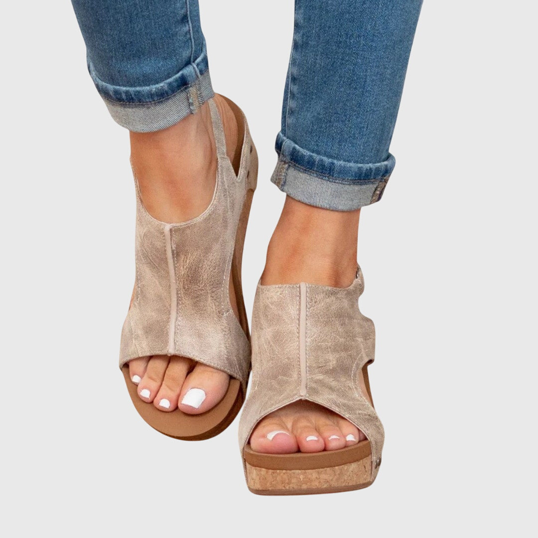Claudette Studded Slingback Wedge Sandals – Beige