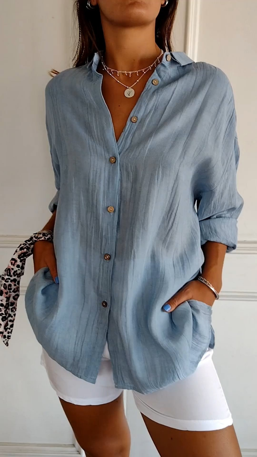 Tessa linen oversized button-down shirt in Steel Blue