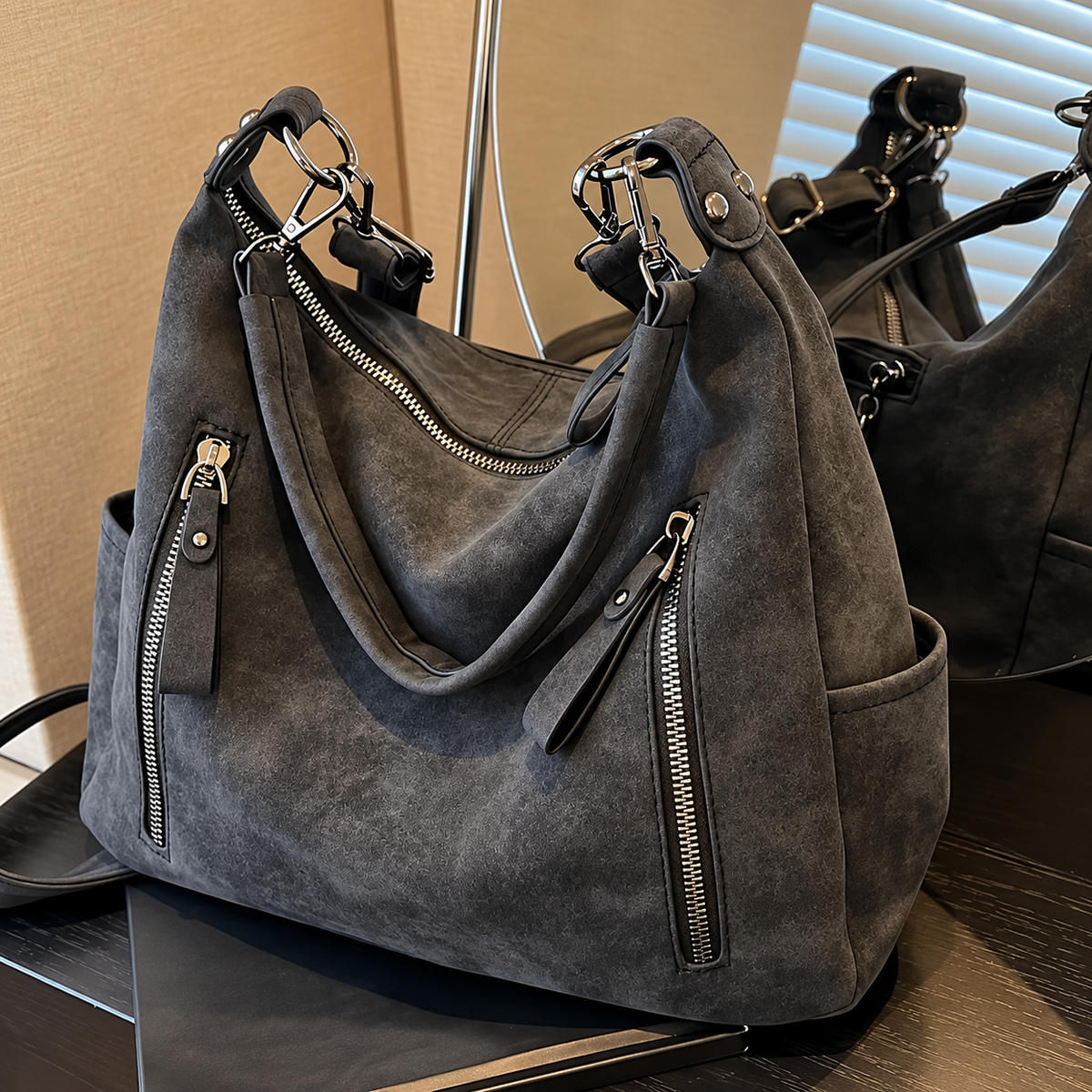 Beryl Suede-Look Zip Hobo Bag