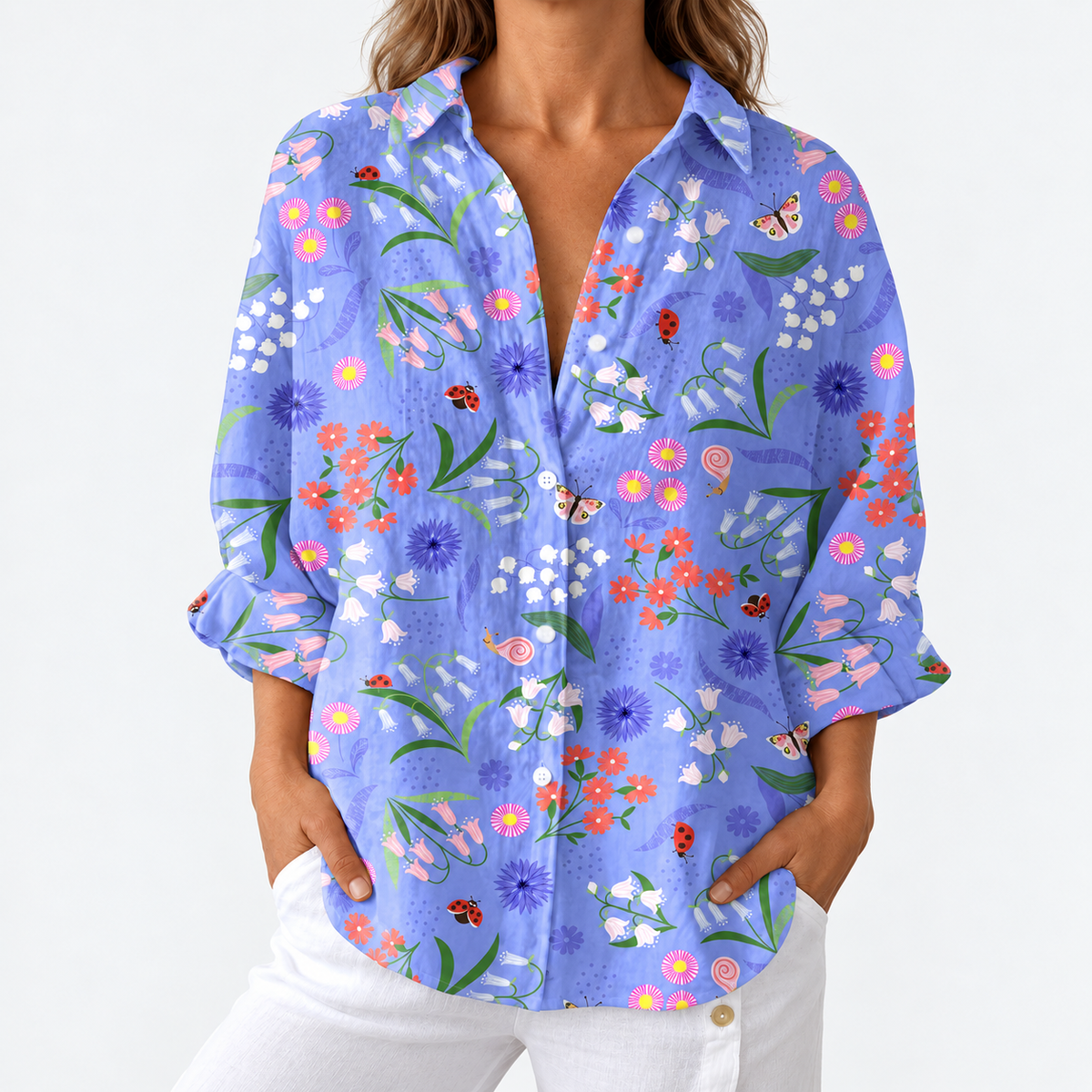 Darlene – Periwinkle Blue Ladybird Meadow Print Button-Up Blouse