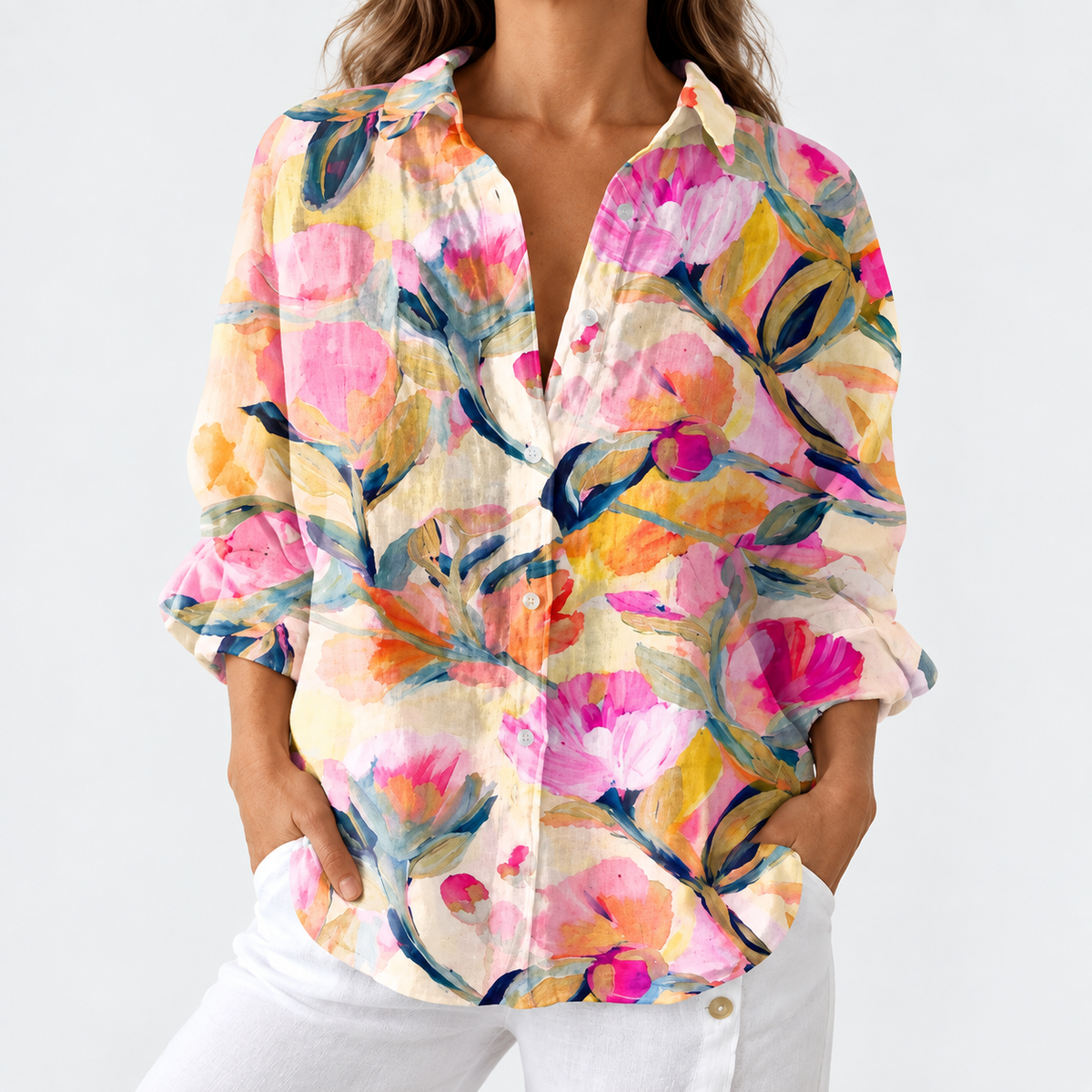 Gina – Peach Multi Peach Painterly Floral Button-Up Blouse