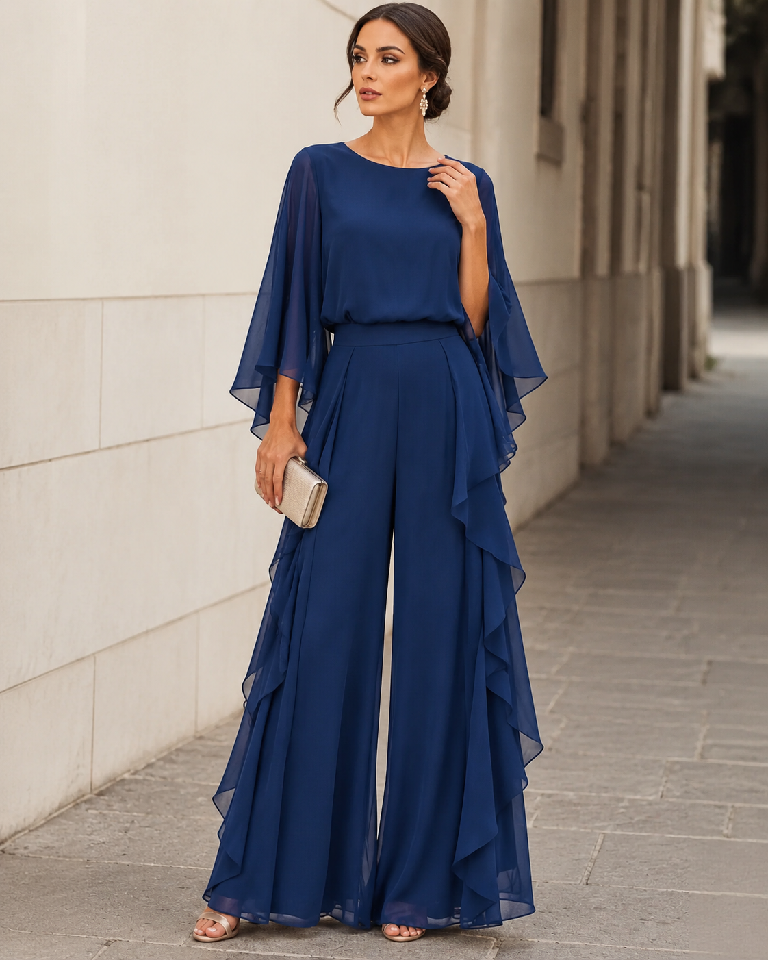 Elvina Chiffon Cape-Sleeve Two-Piece Trouser Set