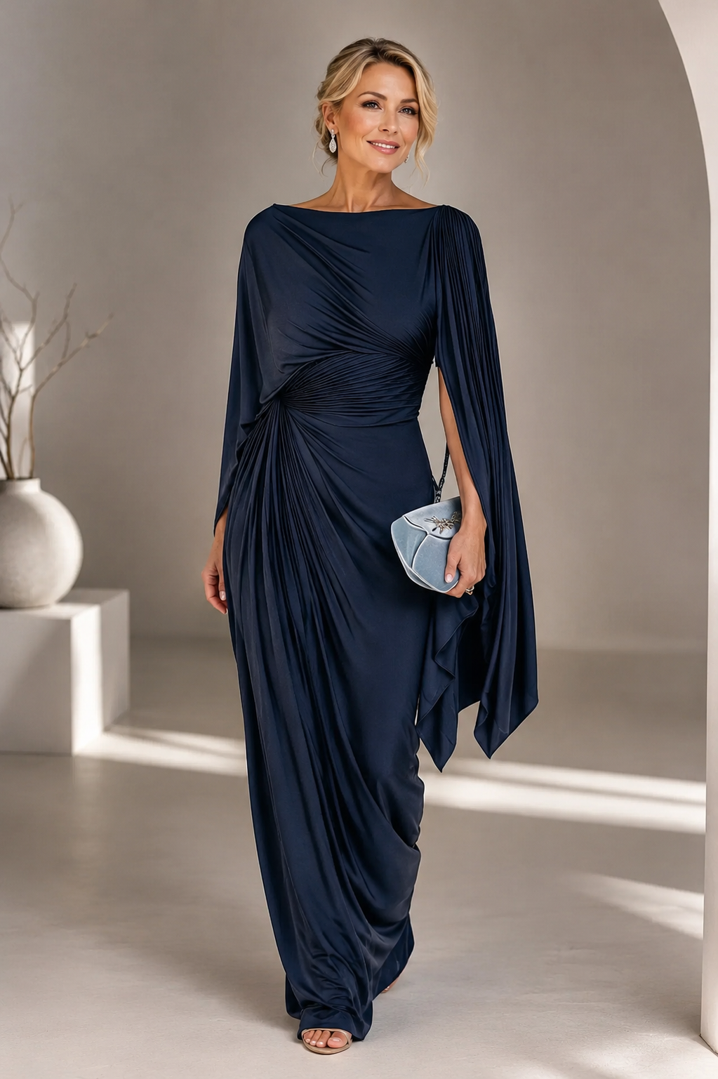 Emmeline Cape-Sleeve Ruched Maxi Dress