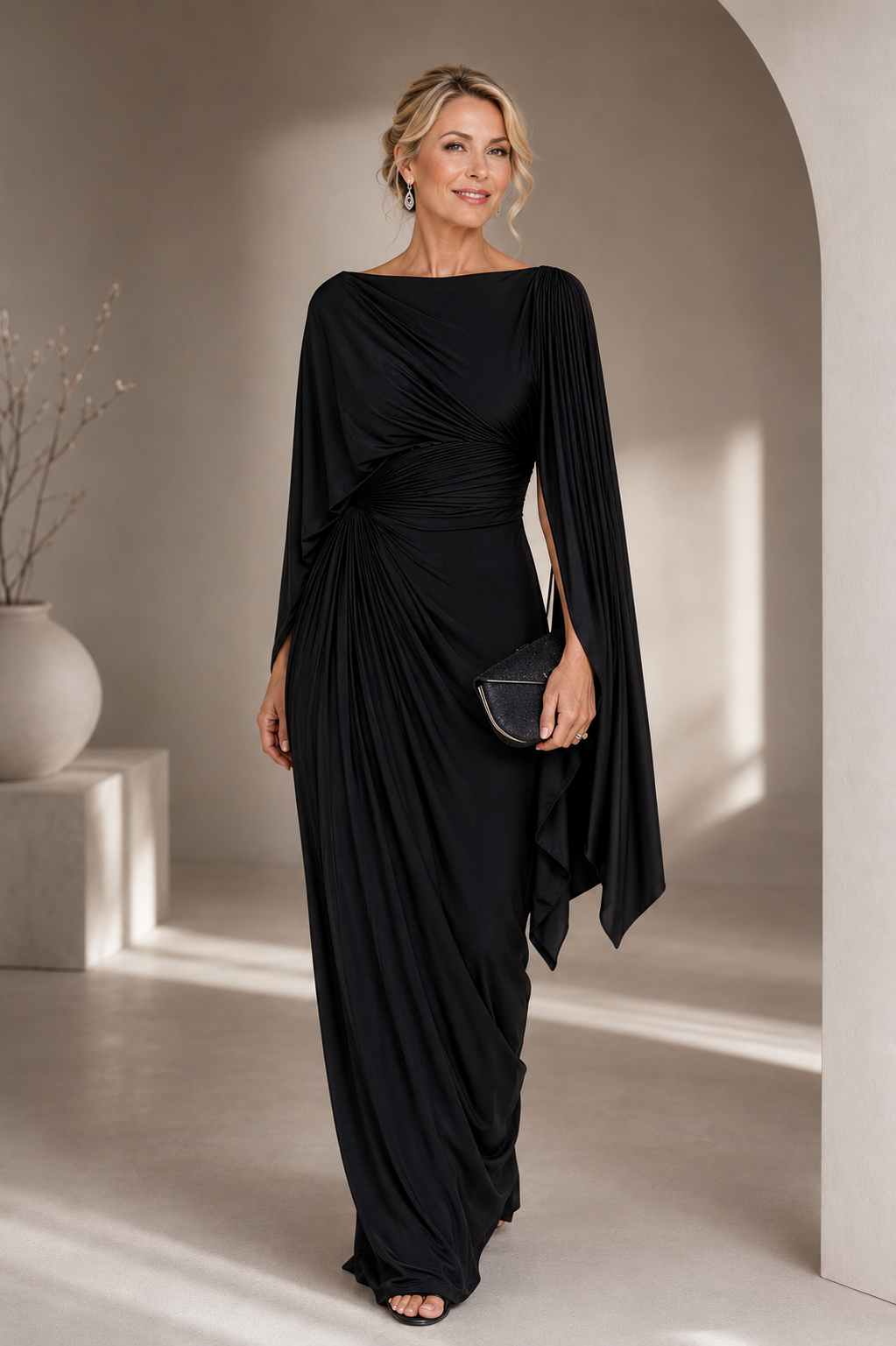 Emmeline Cape-Sleeve Ruched Maxi Dress