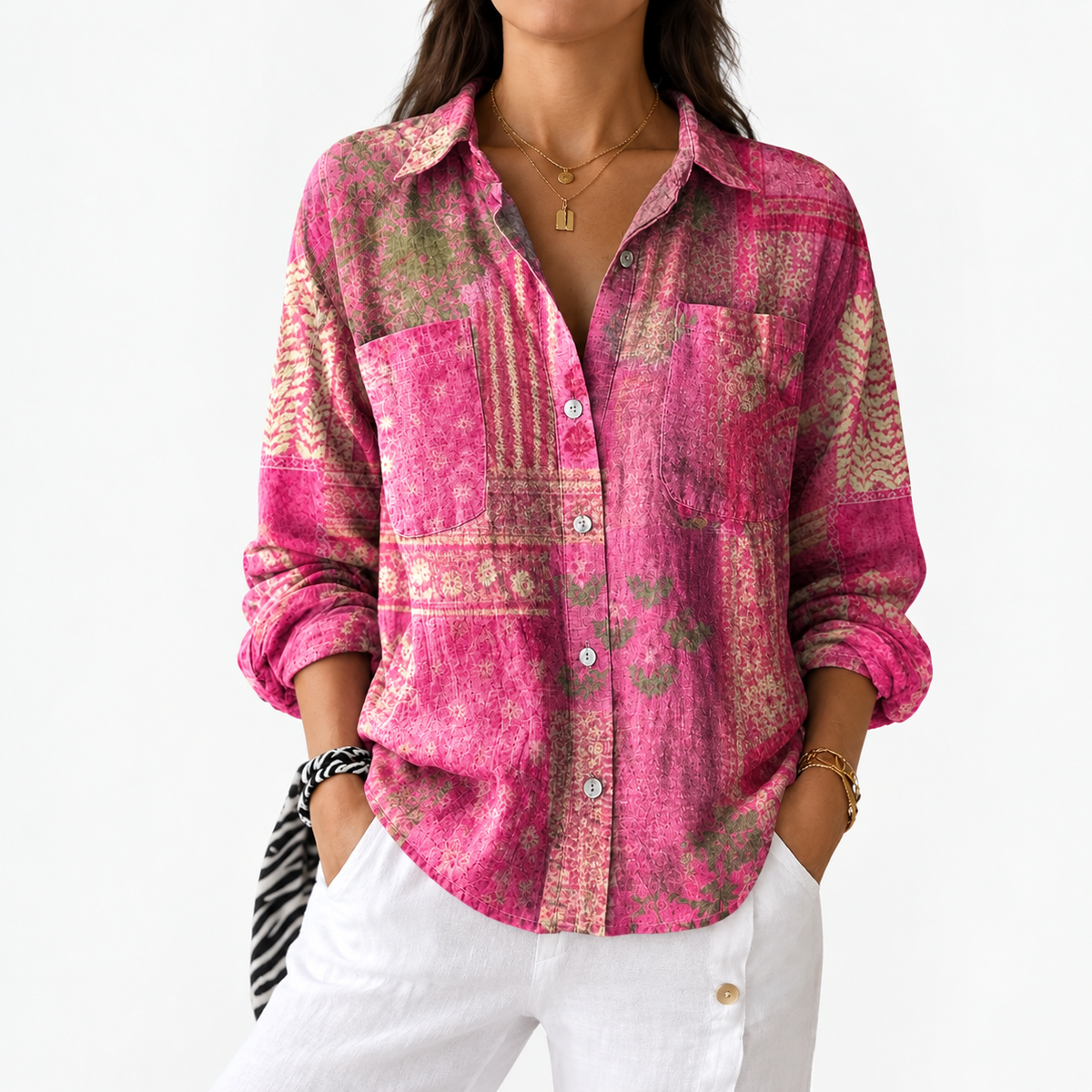 Charmaine – Pink Bohemian Patchwork Print Button-Up Blouse