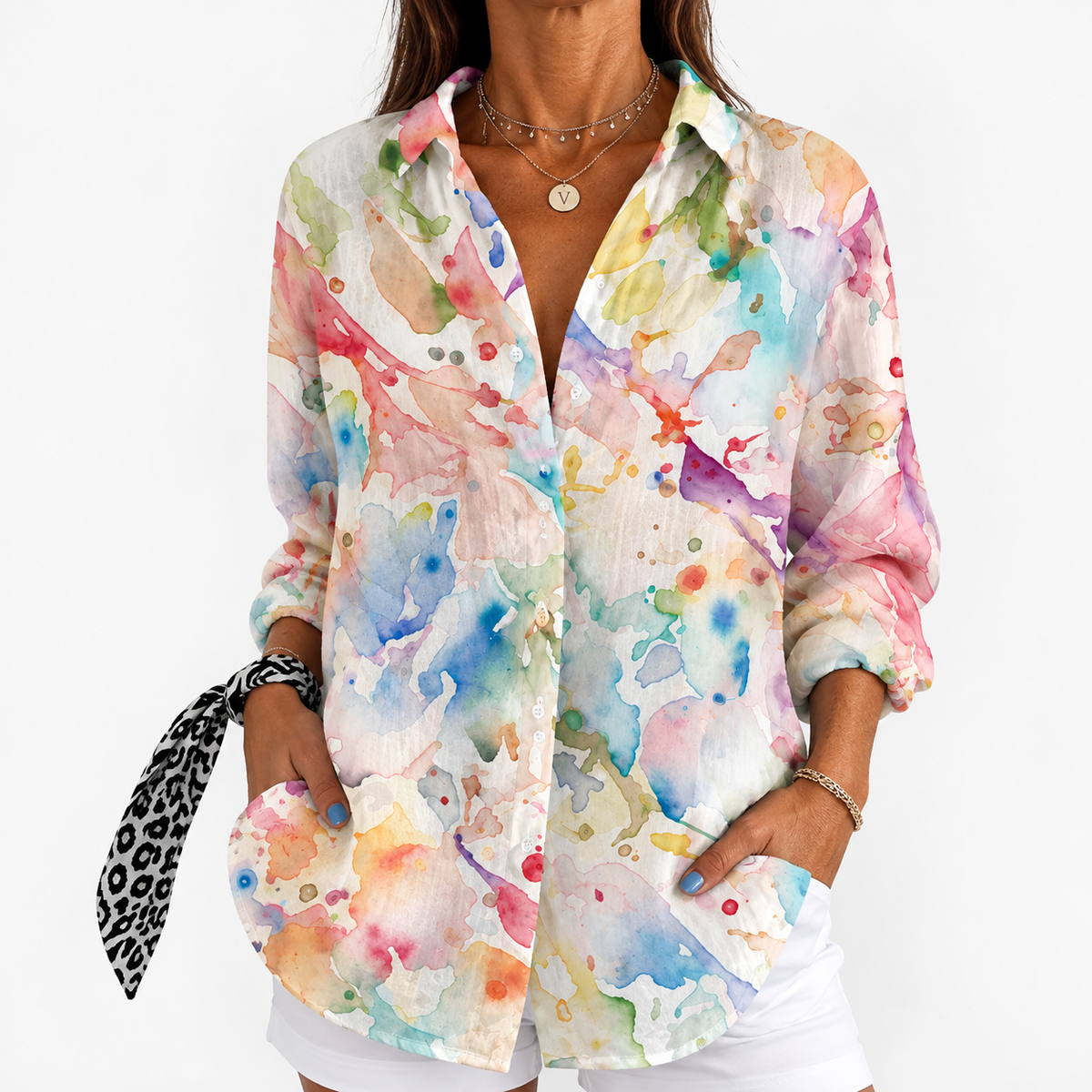 Dianne – Pastel Multi Pastel Watercolour Splash Button-Up Blouse