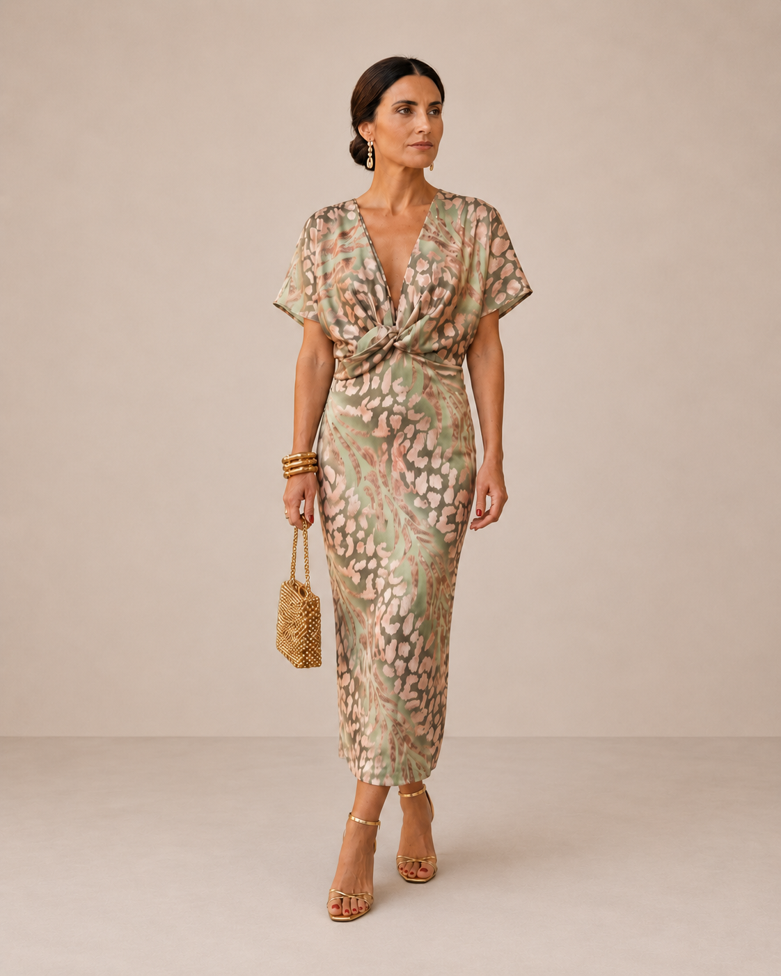Higinia™ | Tummy Flattering Midi Dress Printed in Copper Tones