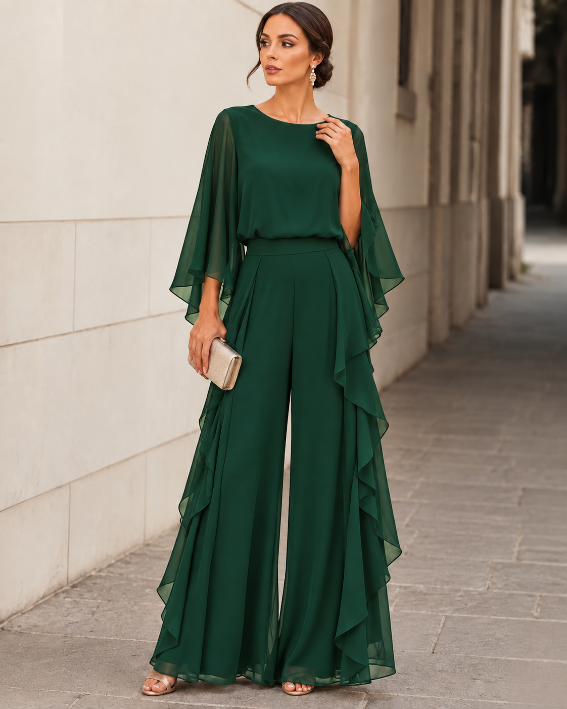 Elvina Chiffon Cape-Sleeve Two-Piece Trouser Set in Green