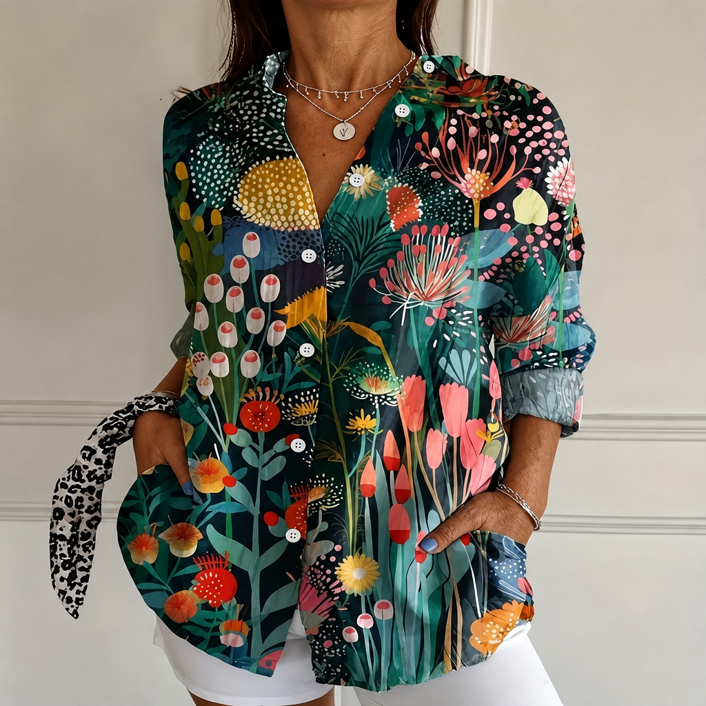 Gail – Deep Teal Midnight Folk Garden Button-Up Blouse