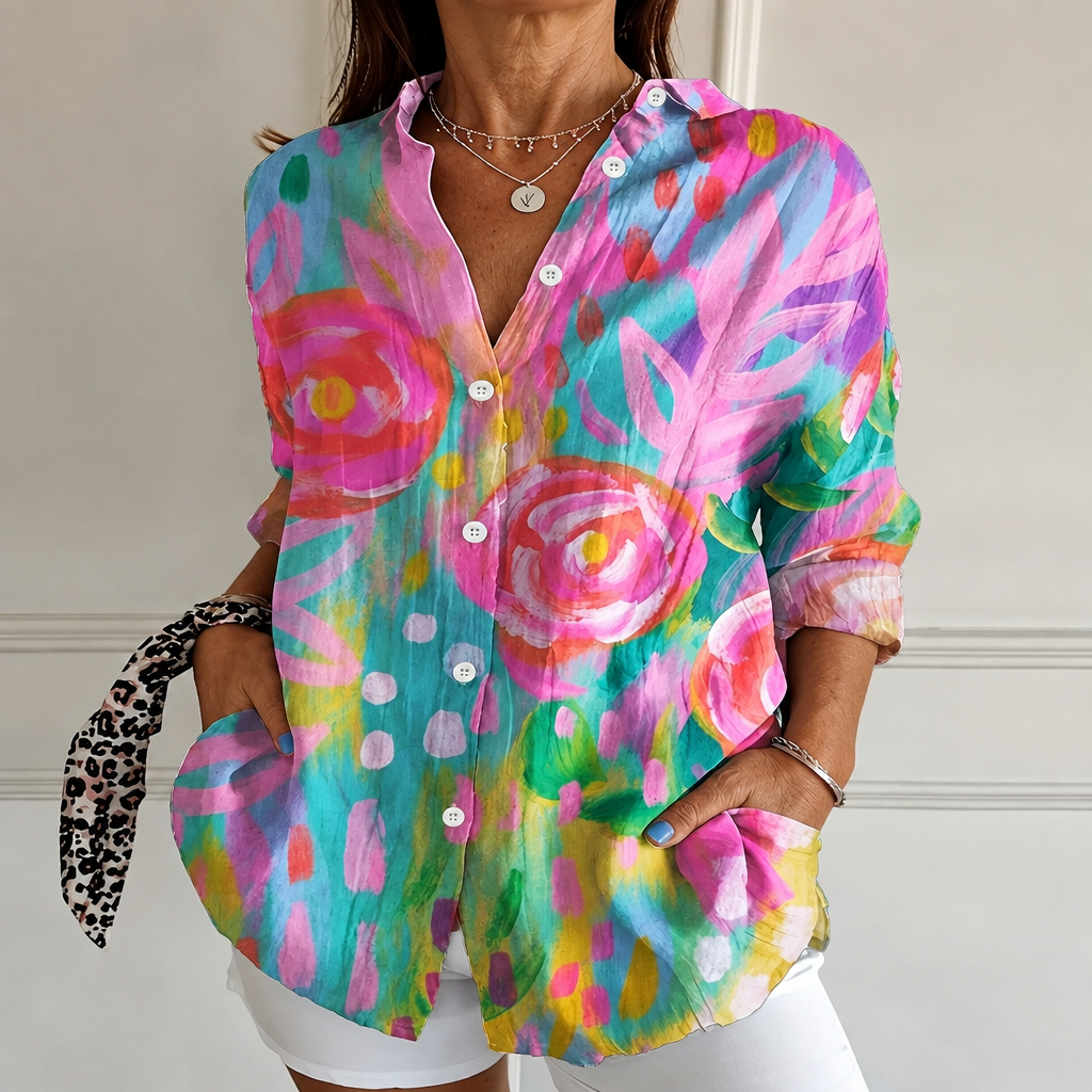 Dana – Pink & Turquoise Painterly Rose Brushstroke Button-Up Blouse