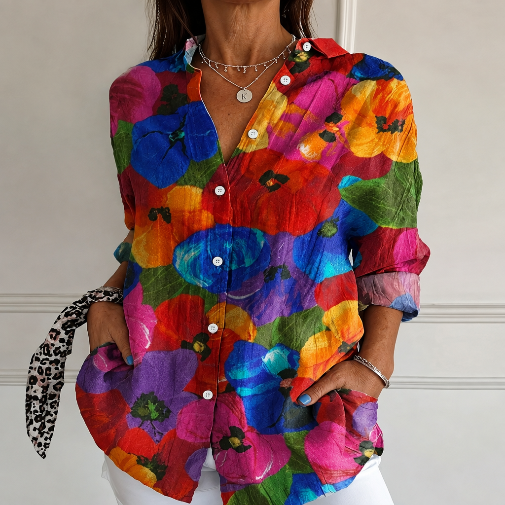 Eileen – Bright Multicolour Bold Painted Poppy Button-Up Blouse