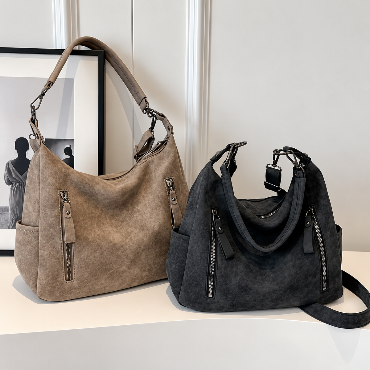 Beryl Suede-Look Zip Hobo Bag