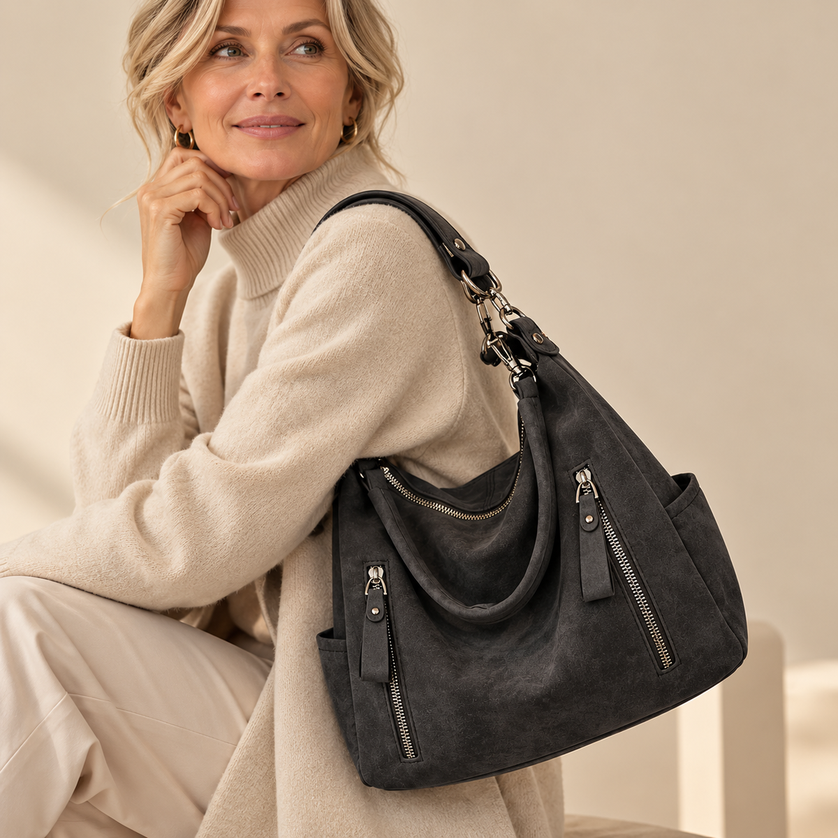 Beryl Suede-Look Zip Hobo Bag