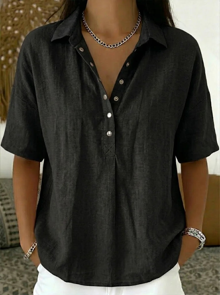 Sigrid – Black Women's Linen Half-Button Collared Blouse