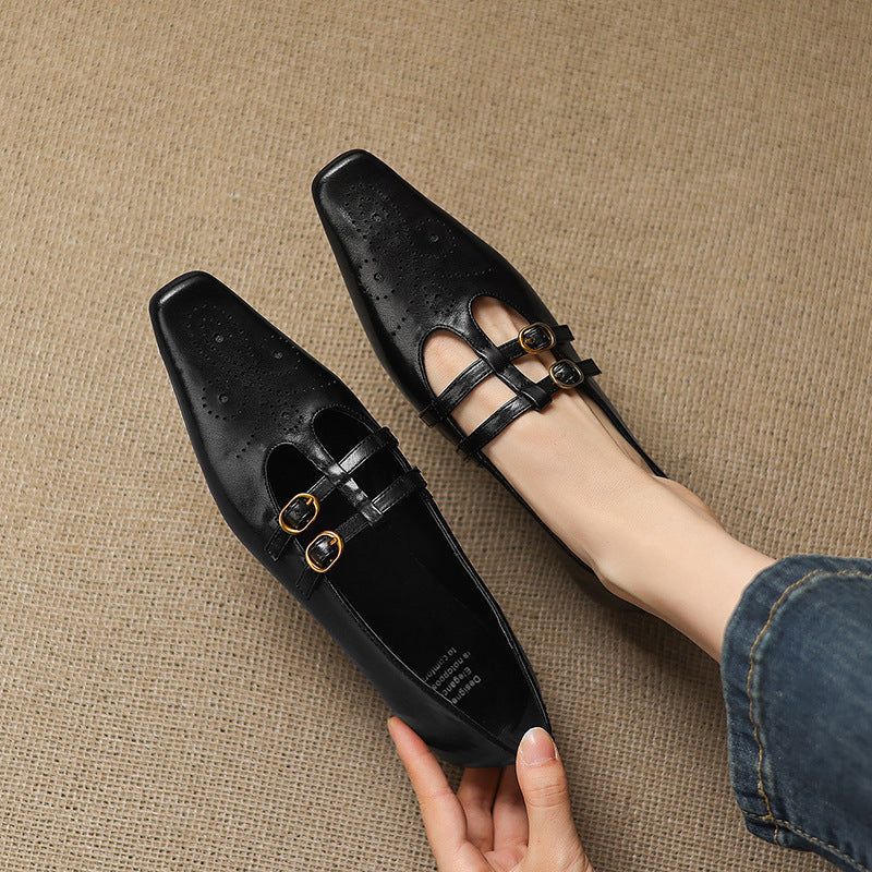Enid Brogued Double-Strap Mary Jane Flats - Black