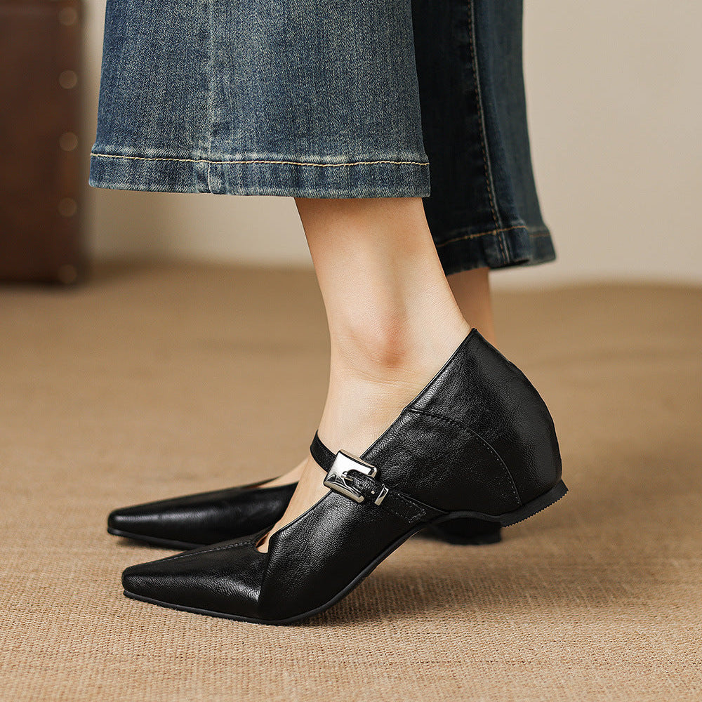 Gretel Pointed-Toe Leather Mary Jane Flats