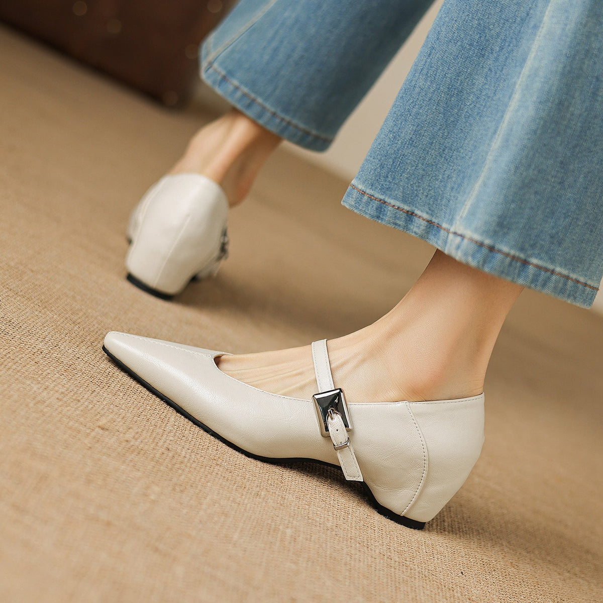 Gretel Pointed-Toe Leather Mary Jane Flats