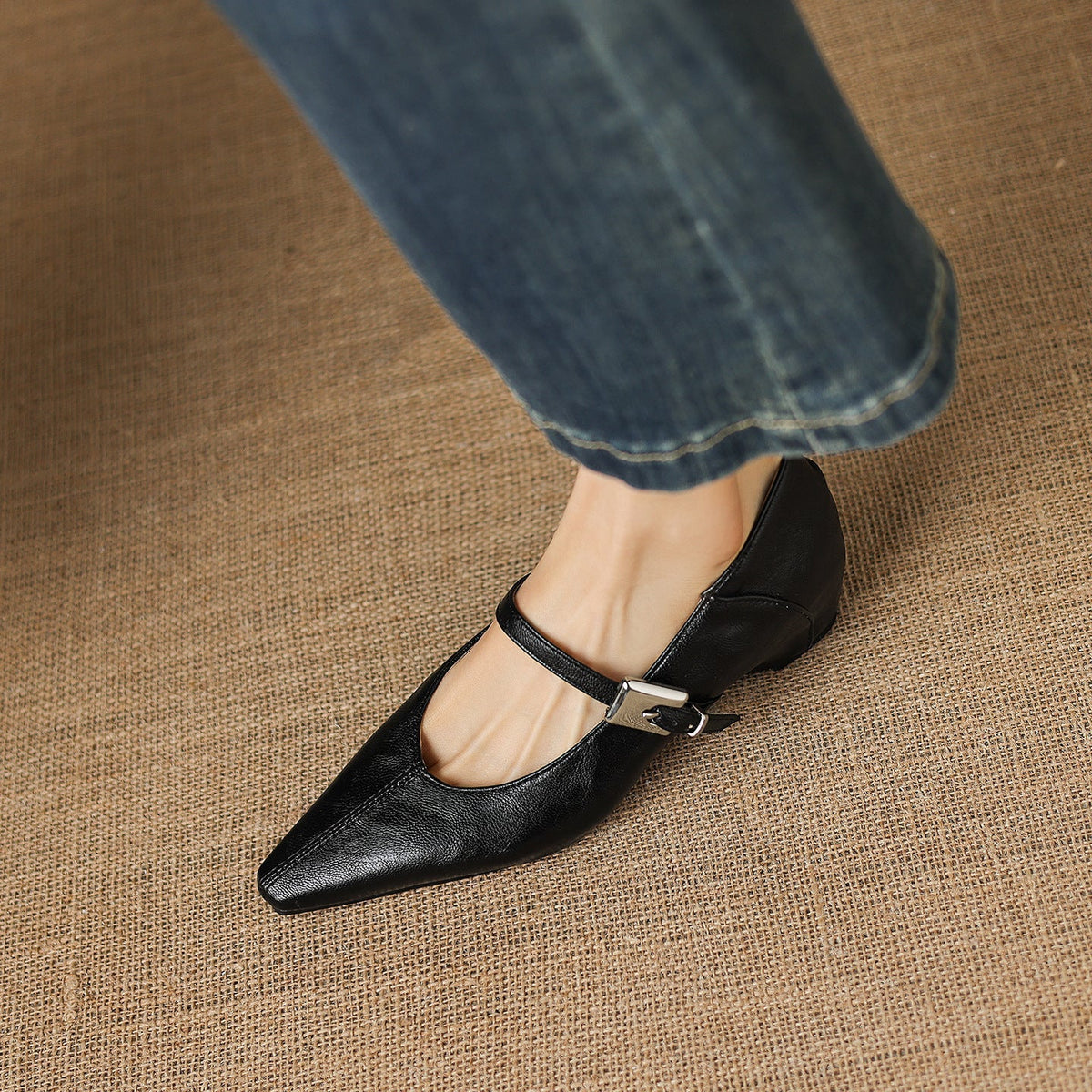 Gretel Pointed-Toe Leather Mary Jane Flats