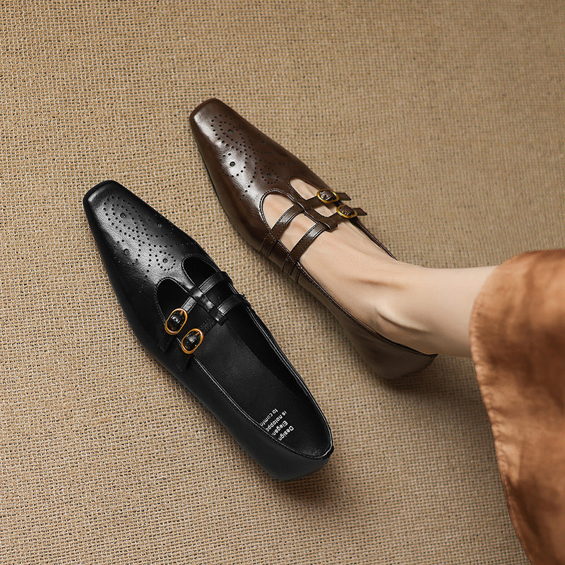 Enid Brogued Double-Strap Mary Jane Flats