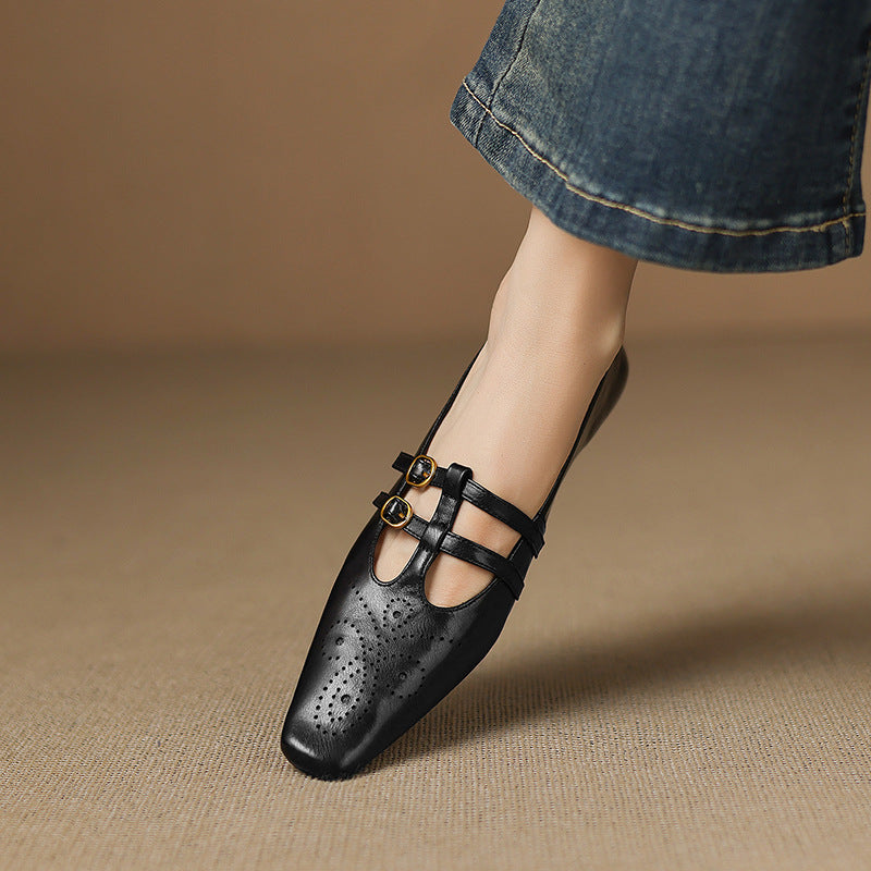 Enid Brogued Double-Strap Mary Jane Flats