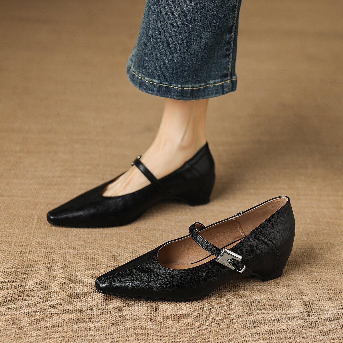 Gretel Pointed-Toe Leather Mary Jane Flats - Black
