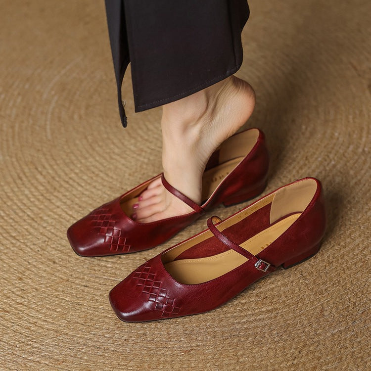 Cleo Woven Square-Toe Mary Jane Flats - Red