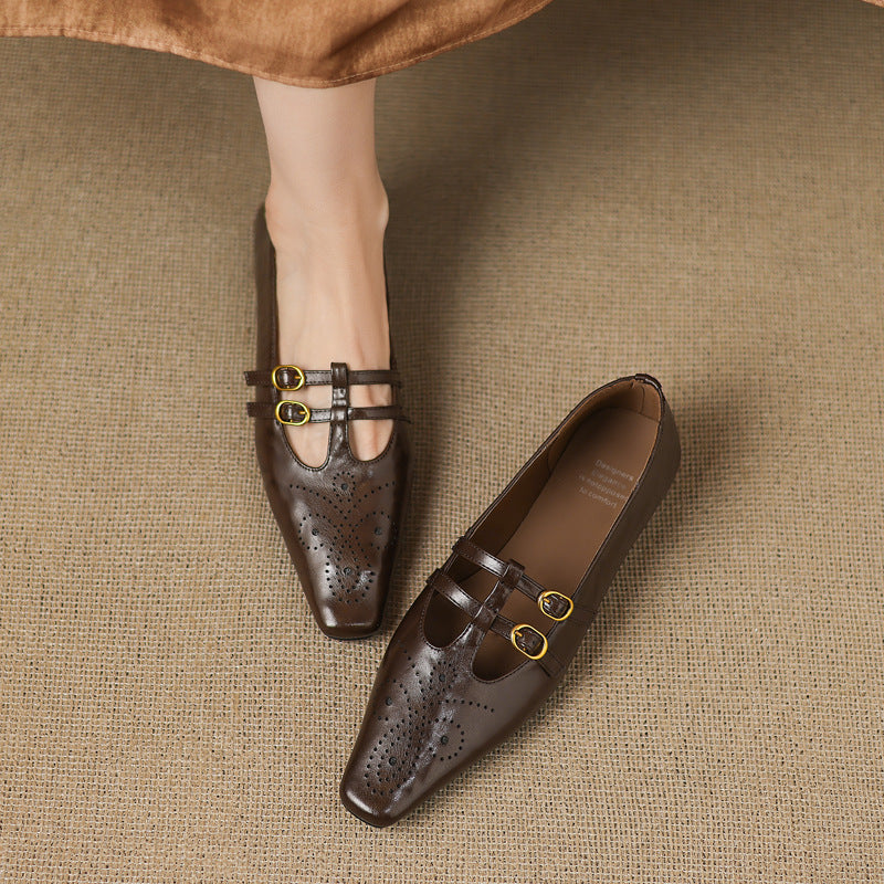 Enid Brogued Double-Strap Mary Jane Flats