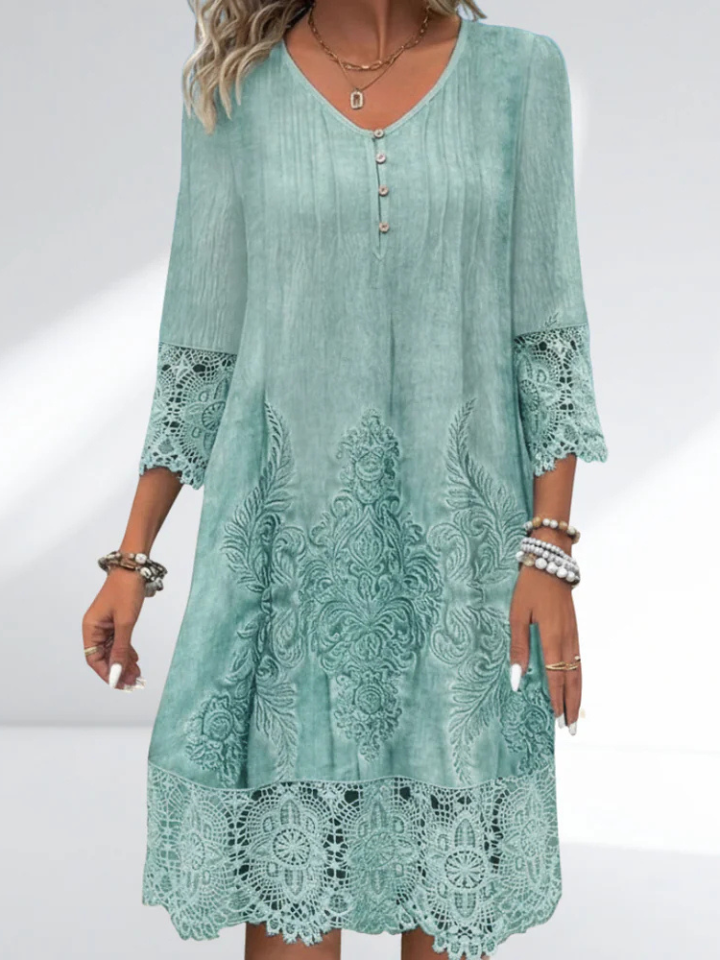 Costanza – Teal Women's Lace Trim Button V-Neck Midi Dress