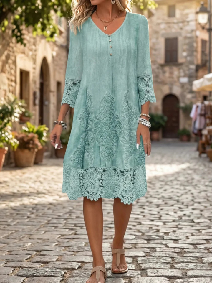 Costanza – Women's Lace Trim Button V-Neck Midi Dress