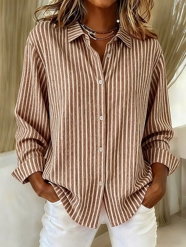 Juliet Womens Classic Striped Button-Down Shirt in Khaki