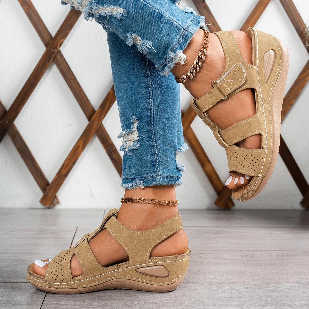 Jeannie – Tan Orthopaedic Open-Toe Hook-and-Loop Wedge Sandals