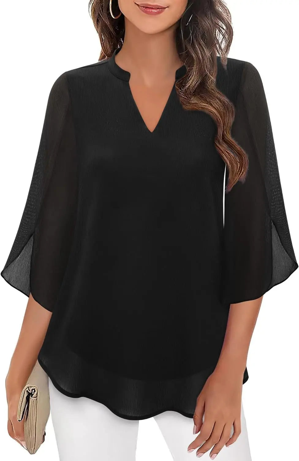 Lynda – Black Layered Chiffon V-Neck Split-Sleeve Blouse