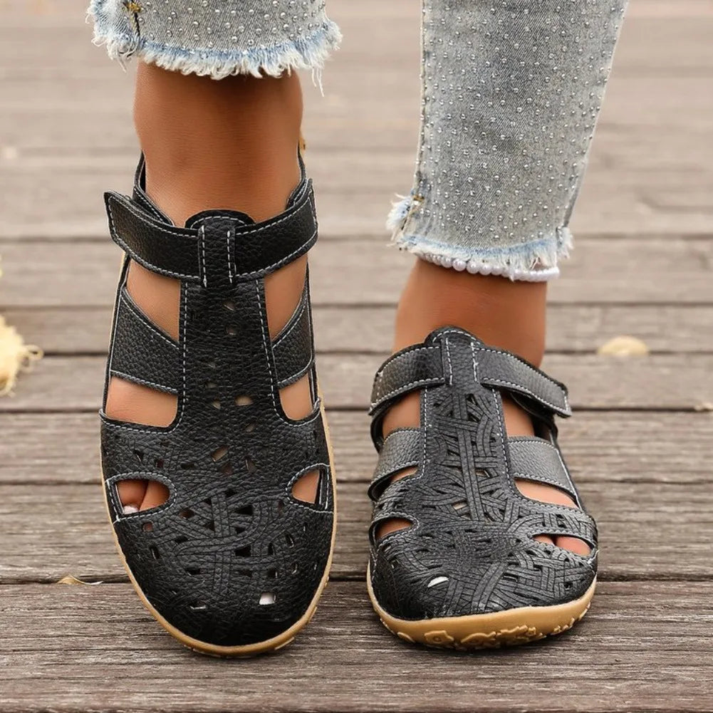 Ginette – Black Orthopaedic Closed-Toe Perforated Flat Shoes