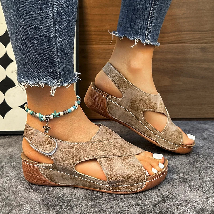 Rosalind Orthopaedic Peep-Toe Wedge Sandals in Khaki