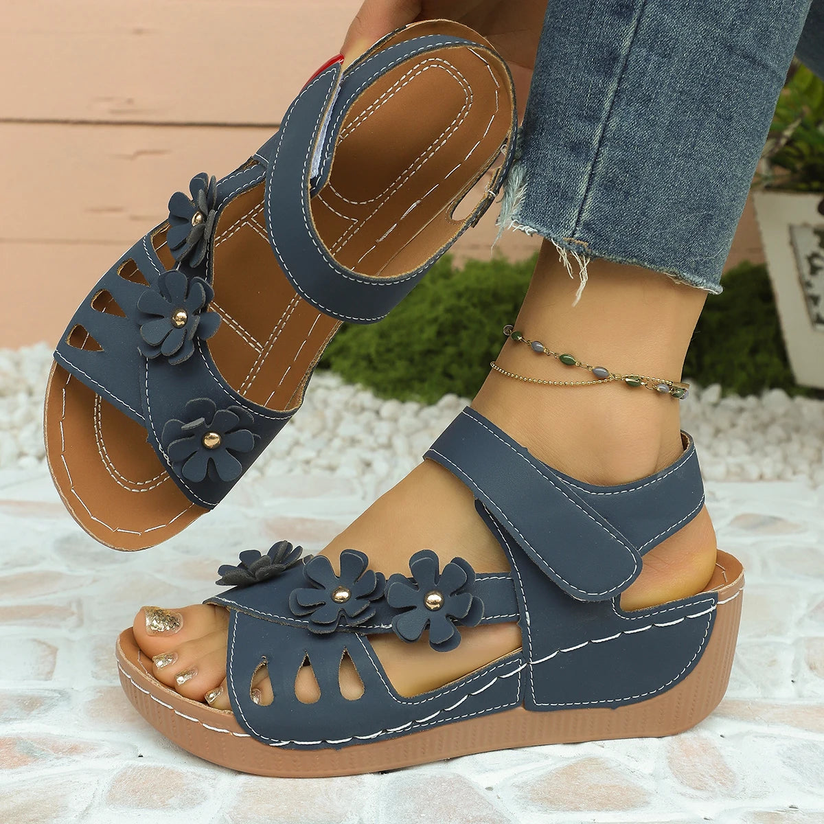 Debra – Navy Blue Orthopaedic Floral Open-Toe Wedge Sandals