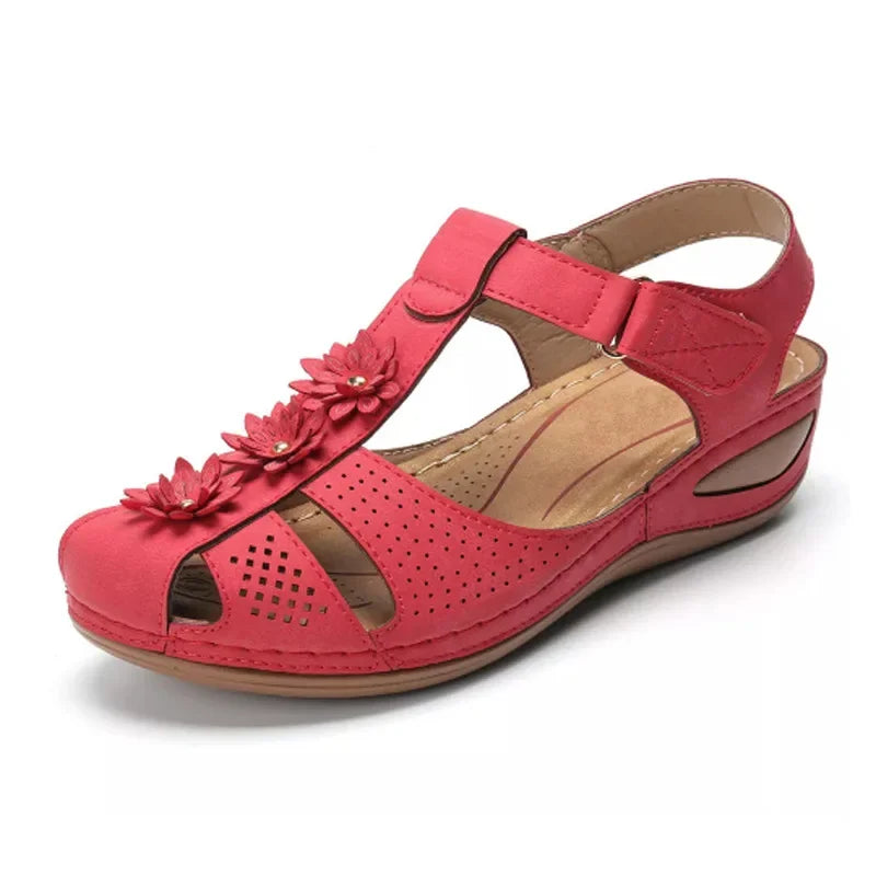 Jolene – Red Orthopaedic Closed-Toe Floral Wedge Sandals