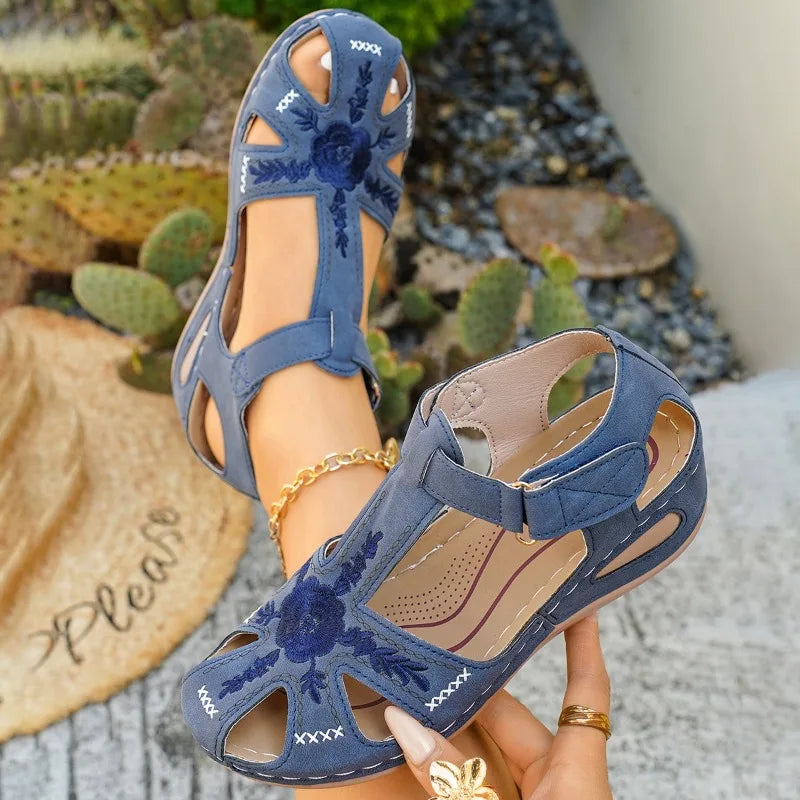 Vonnie – Navy Blue Orthopaedic Closed-Toe Embroidered Wedge Sandals