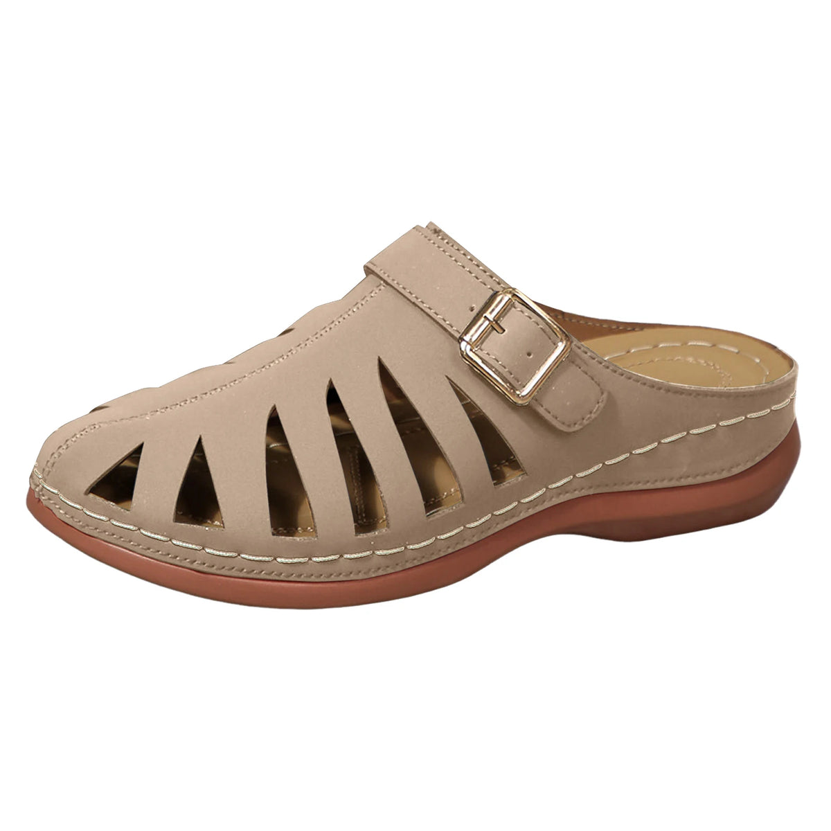 Francine – Khaki Orthopaedic Closed-Toe Cut-Out Wedge Mules