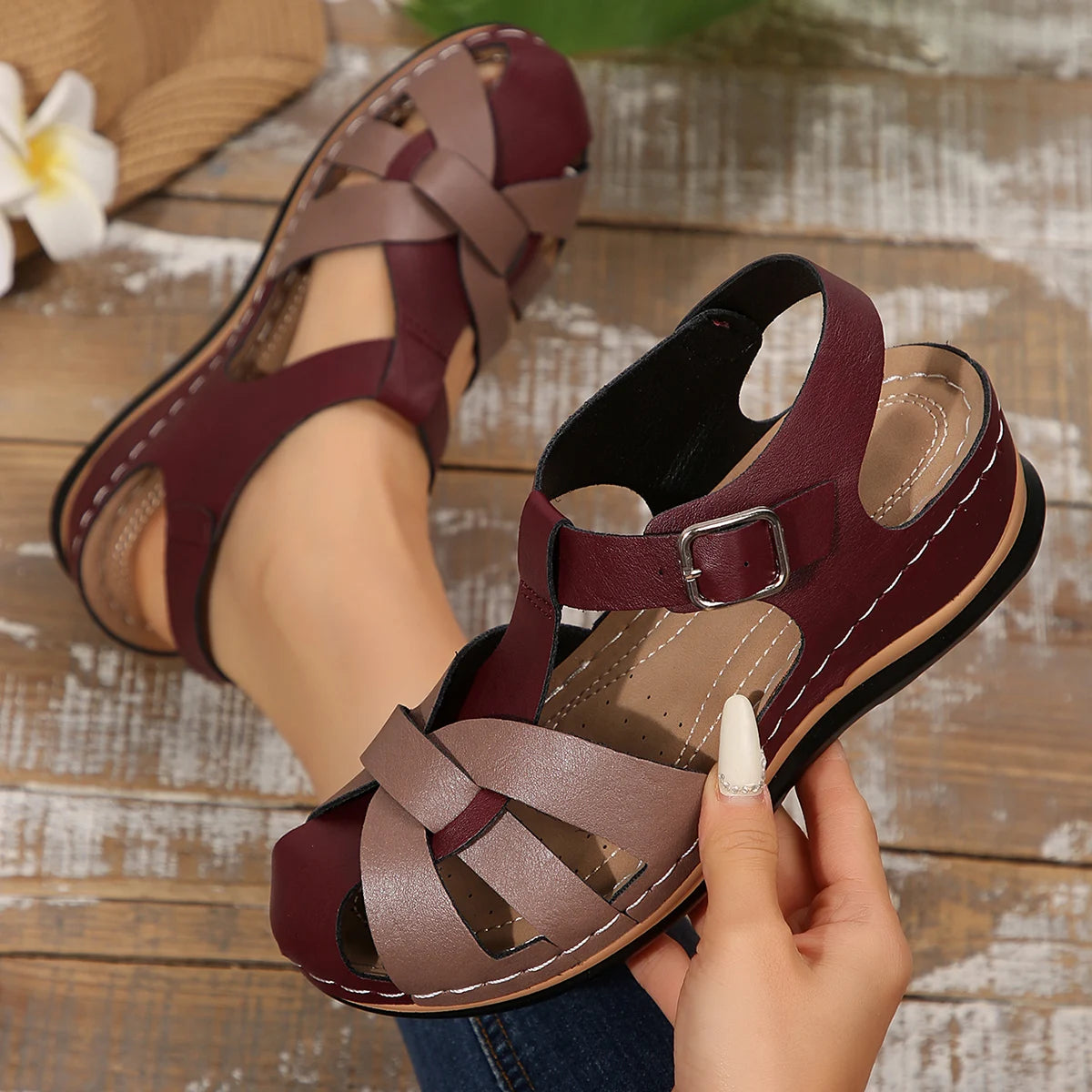 Wilma Orthopaedic Woven Cross-Strap Wedge Sandals