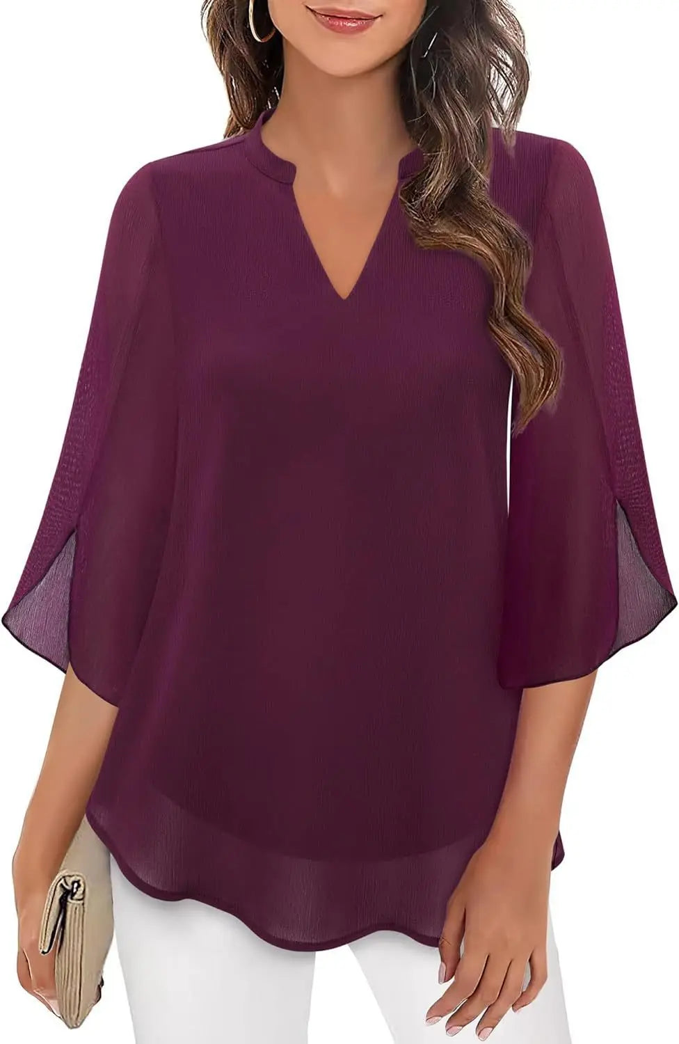 Lynda – Plum Layered Chiffon V-Neck Split-Sleeve Blouse