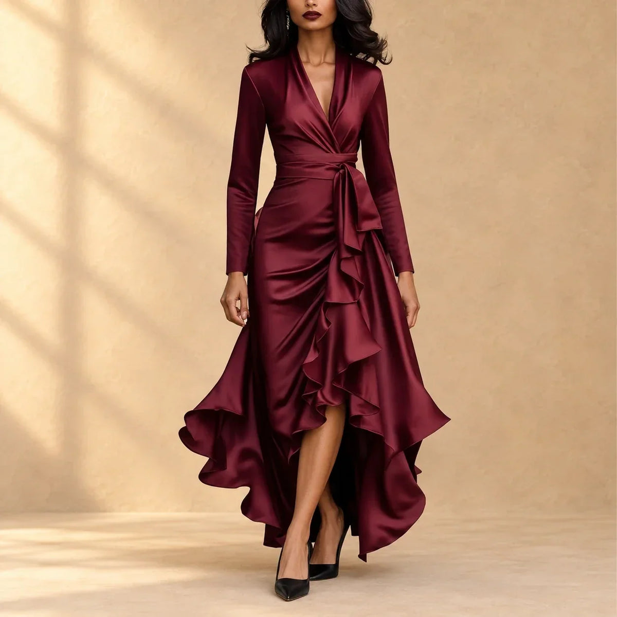 Carolina Satin Wrap Ruffle Evening Dress