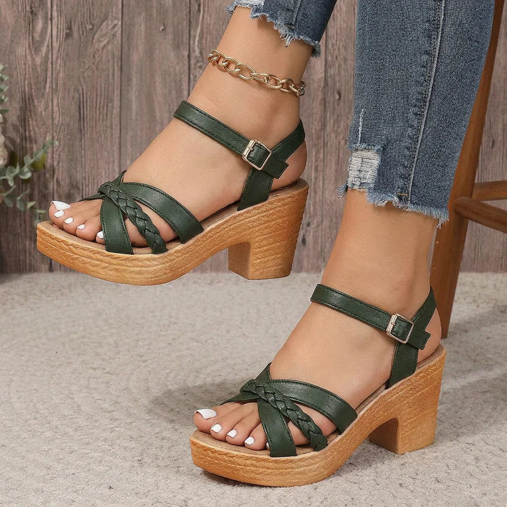 Prudence braided block heel sandals worn