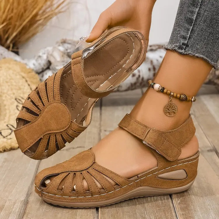 Kerrie – Khaki Orthopaedic Closed-Toe Ankle-Strap Wedge Sandals