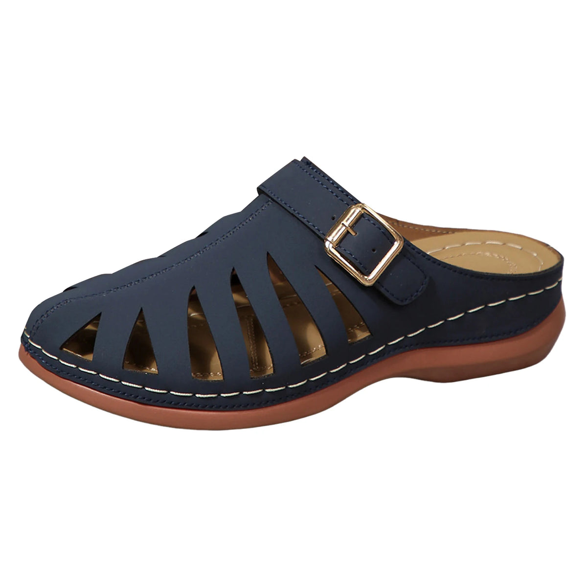 Francine – Navy Blue Orthopaedic Closed-Toe Cut-Out Wedge Mules
