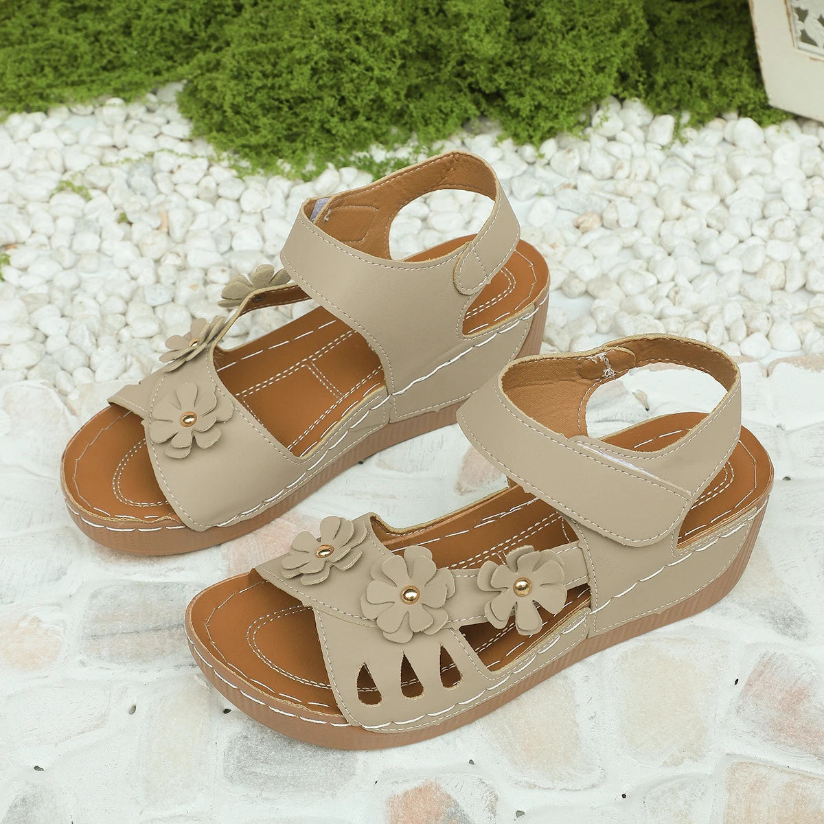 Debra – Beige Orthopaedic Floral Open-Toe Wedge Sandals