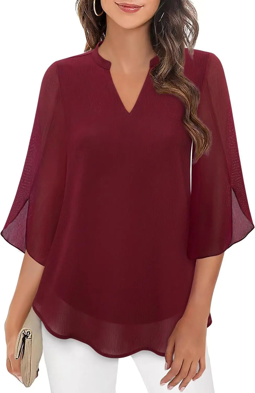 Lynda – Wine Red Layered Chiffon V-Neck Split-Sleeve Blouse