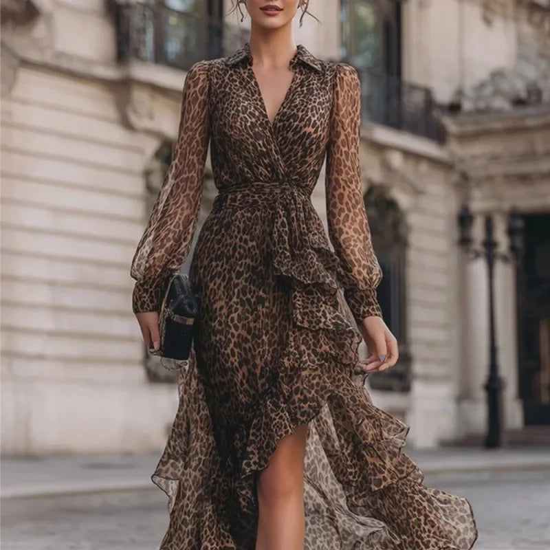 Roselyn Leopard Print Ruffle Maxi Dress