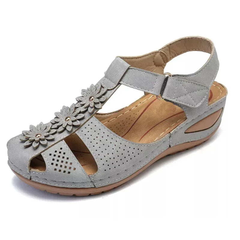 Jolene – Grey Orthopaedic Closed-Toe Floral Wedge Sandals