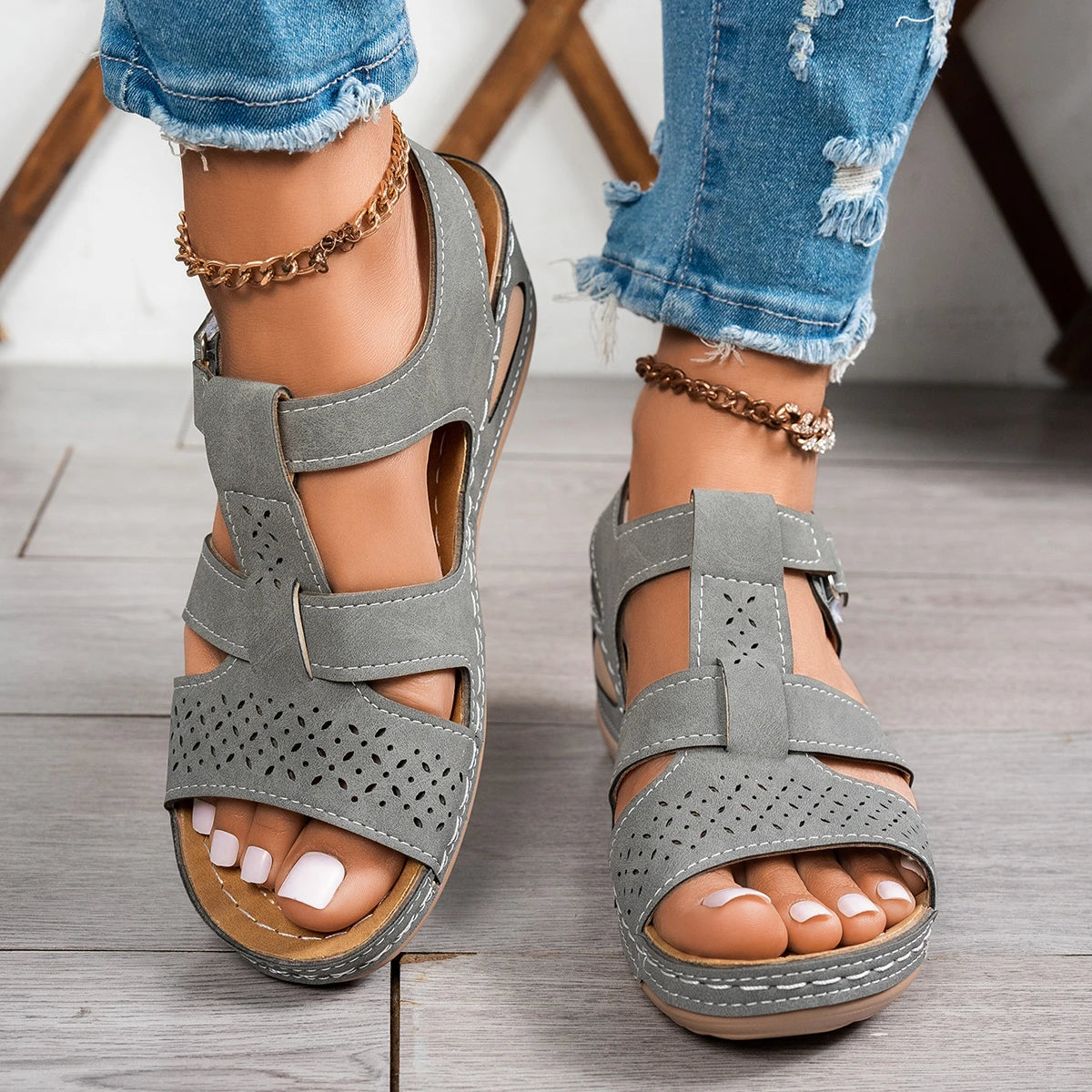 Jeannie – Grey Orthopaedic Open-Toe Hook-and-Loop Wedge Sandals